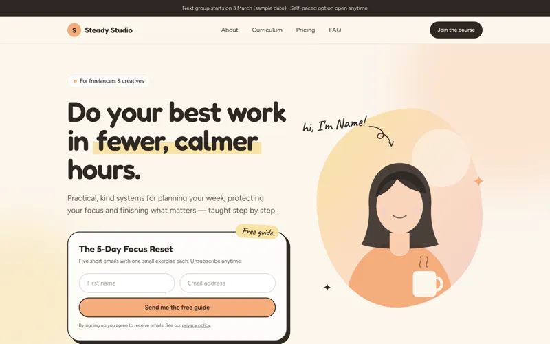 Coach & Course template — desktop homepage